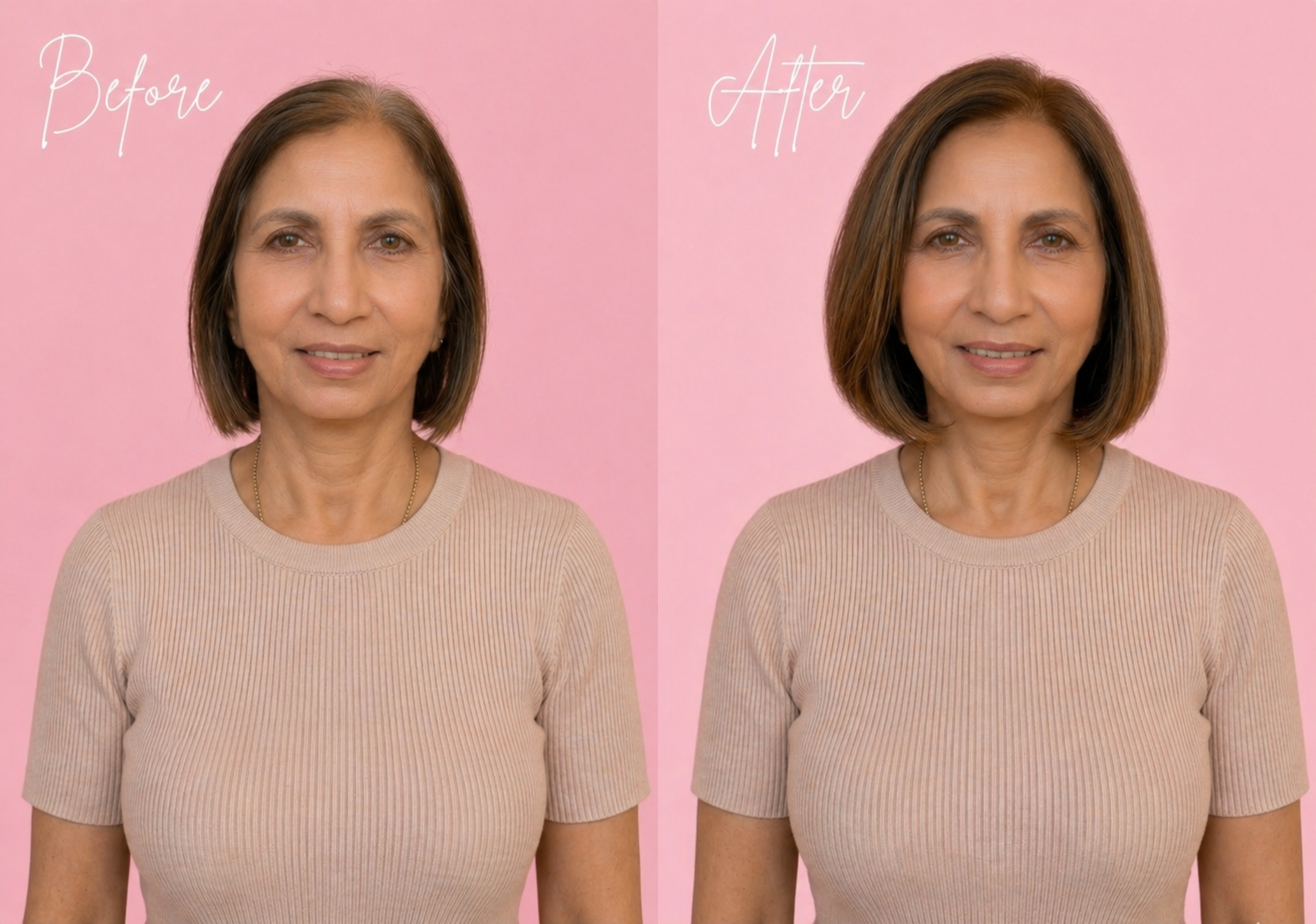 Before and after transformation using Gorgeous Hair Extension — natural-looking volume and confidence